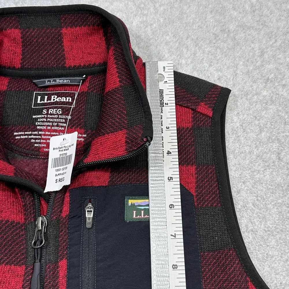 LL Bean Sweater Fleece Long Vest Womens Small Red Buffalo Plaid Full Zip Pockets